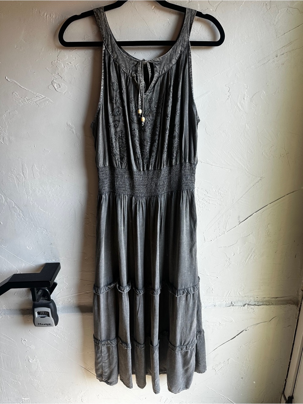 Anandas Washed Charcoal Boho‎ Maxi Dress Embroidered Festival Cottagecore